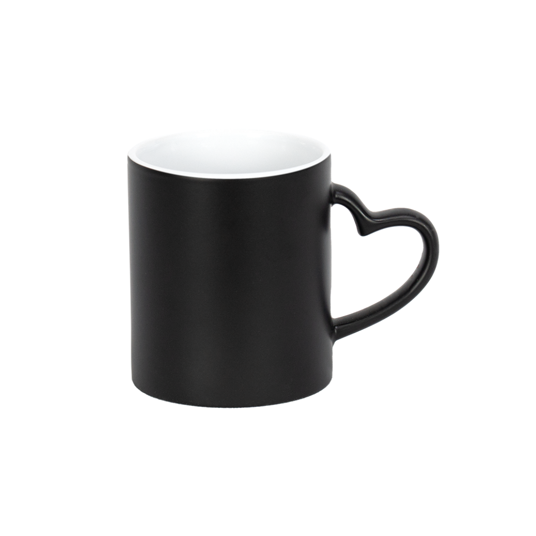 Caneca Mágica Interno Branco Alça Coração Preto Fosco  325ml