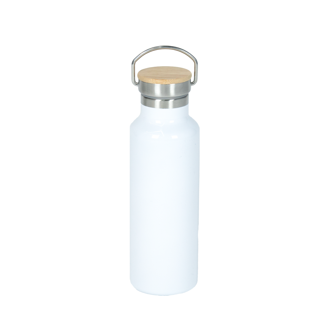 Garrafa Térmica de Aço Inox Branco Tampa Bambu  500ml