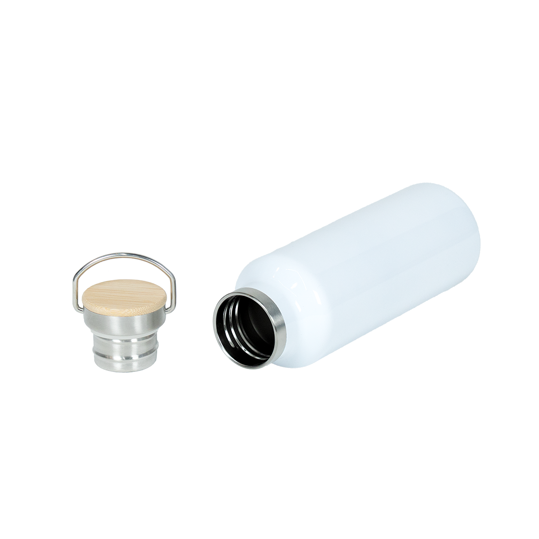 Garrafa Térmica de Aço Inox Branco Tampa Bambu  500ml