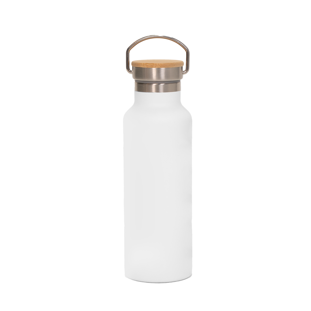 Garrafa Térmica de Aço Inox Branco Fosco Tampa Bambu  500ml
