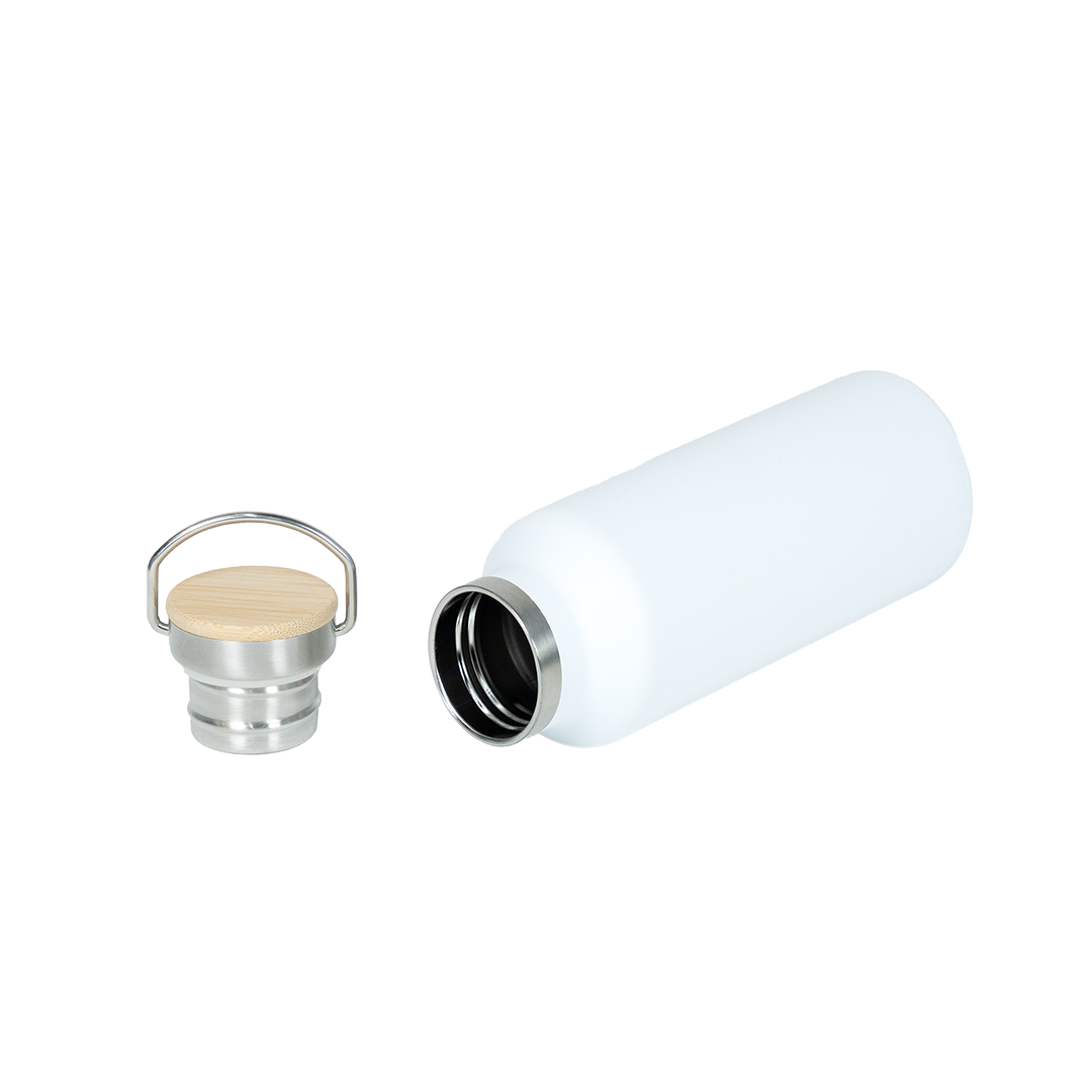 Garrafa Térmica de Aço Inox Branco Fosco Tampa Bambu  500ml