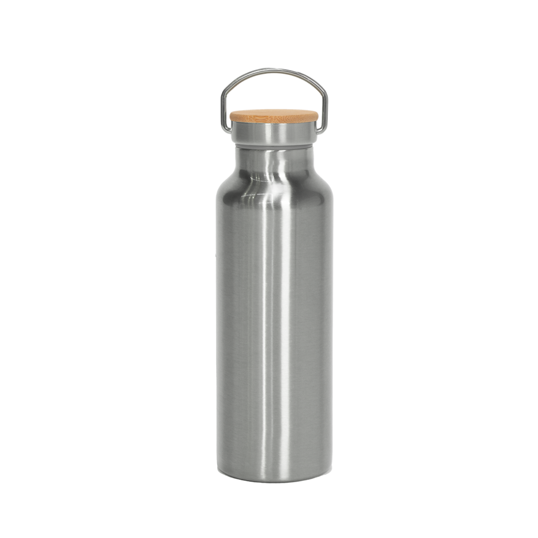 Garrafa Térmica de Aço Inox Prata Tampa Bambu  500ml