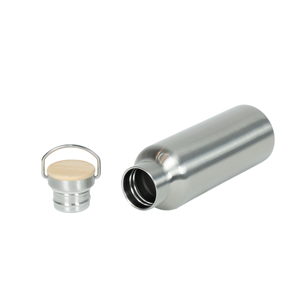 Garrafa Térmica de Aço Inox Prata Tampa Bambu  500ml